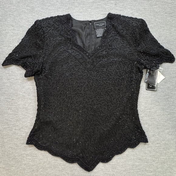 Cote D Azur Evening Womens M Black Beaded Silk Blouse Short Sleeve Back Zip NWT - Picture 3 of 16